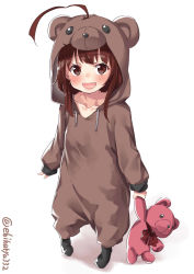 Rule 34 | 1girl, :3, ahoge, animal costume, animal ears, arms at sides, bear costume, bear ears, brown eyes, brown hair, collarbone, cosplay, ebifurya, from above, full body, hair through headwear, highres, kantai collection, kuma (kancolle), long hair, open mouth, sidelocks, simple background, sleeves past wrists, stuffed animal, stuffed toy, teddy bear, twitter username, white background