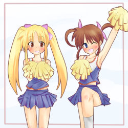 Rule 34 | 00s, 2girls, ;d, arm up, armpits, bare shoulders, blonde hair, blue skirt, cheerleader, fate testarossa, grin, kneehighs, looking at viewer, lyrical nanoha, mahou shoujo lyrical nanoha, multiple girls, one eye closed, open mouth, pleated skirt, pom pom (cheerleading), shirt, skirt, sleeveless, sleeveless shirt, smile, socks, sportswear, standing, standing on one leg, takamachi nanoha, tank top, teeth, twintails, uniform, white legwear