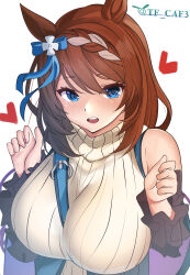 Rule 34 | 1girl, absurdres, animal ears, bag, bare shoulders, between breasts, blue bag, blue bow, blue eyes, blue jacket, bow, breasts, brown hair, clenched hands, detached sleeves, ear bow, highres, horse ears, horse girl, jacket, large breasts, long hair, looking at viewer, open mouth, ribbed sweater, shoulder bag, simple background, smile, solo, strap between breasts, super creek (umamusume), sweater, teeth, tf cafe, turtleneck, turtleneck sweater, twitter username, umamusume, upper teeth only, white background