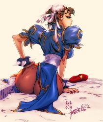 Rule 34 | 1girl, ass, bad id, bad twitter id, beret, blue dress, boots, bracelet, breasts, brown eyes, brown hair, brown pantyhose, bun cover, capcom, china dress, chinese clothes, chun-li, collaboration, colorized, commentary, cre.o.n, cross-laced footwear, double bun, dress, earrings, english commentary, eyelashes, from behind, hair bun, hand on own hip, hat, unworn hat, unworn headwear, highres, jewelry, lace-up boots, looking back, narrow waist, pantyhose, puffy short sleeves, puffy sleeves, robaato, sash, seamed legwear, short sleeves, signature, sitting, solo, spiked bracelet, spikes, street fighter
