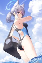Rule 34 | 1girl, absurdres, animal ear fluff, animal ears, ass, bag, blue archive, blue eyes, blue halo, blue sky, breasts, cloud, commentary, competition swimsuit, cross hair ornament, day, grey hair, hair ornament, halo, highres, holding, holding bag, long hair, looking at viewer, medium breasts, nyun, ocean, official alternate costume, one-piece swimsuit, open mouth, outdoors, partially submerged, school bag, shiroko (blue archive), shiroko (swimsuit) (blue archive), short hair, sky, solo, standing, swimsuit, twintails