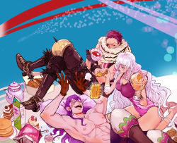 Rule 34 | 1girl, 2boys, abs, artist request, barefoot, black hair, blue eyes, bodysuit, boots, breasts, brother and sister, brothers, cake, charlotte cracker, charlotte katakuri, charlotte smoothie, cleavage, cookie, cup, curly hair, doughnut, food, fur trim, gloves, hair over one eye, highres, juice, juice box, living (pixiv5031111), long hair, multiple boys, one piece, pillow, purple eyes, purple hair, scar, siblings, sitting, tattoo, teacup, teapot, teeth, topless male