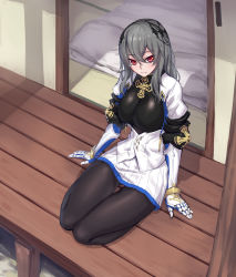 Rule 34 | 1girl, azur lane, bed, black bodysuit, black pantyhose, blush, bodysuit, bodysuit under clothes, breasts, chinese commentary, closed mouth, commentary request, cross, dress, elbow gloves, full body, gloves, grey hair, hair between eyes, hair ornament, highres, large breasts, long hair, looking at viewer, mole, mole under eye, pantyhose, porch, red eyes, saint-louis (azur lane), seiza, short dress, sitting, smile, solo, tatami, white dress, white gloves, wooden floor, yeklsa