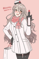 Rule 34 | 1girl, :d, bag, black gloves, black pantyhose, blush, bottle, brown eyes, coat, cowboy shot, dated, gloves, hair between eyes, hand on own hip, hat, holding, holding bottle, kantai collection, kasumi (skchkko), long sleeves, looking at viewer, open mouth, pantyhose, pink background, pink scarf, pola (kancolle), scarf, simple background, smile, solo, standing, thigh gap, twitter username, white coat