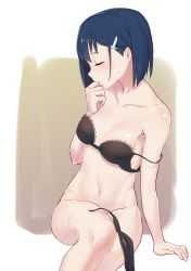 Rule 34 | 1girl, absurdres, arm support, asymmetrical hair, black bra, black panties, blue hair, blush, bob cut, bra, breasts, brown background, closed eyes, collarbone, commentary, darling in the franxx, hair ornament, hairclip, highres, ichigo (darling in the franxx), invisible chair, lace, lace-trimmed bra, lace trim, legs together, medium breasts, outside border, panties, unworn panties, shiliuyexiaohei, shiny skin, short hair, side-tie panties, sitting, solo, sweat, sweatdrop, underwear, white background