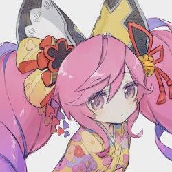 Rule 34 | 1girl, bell, big hair, cleo (dragalia lost), closed mouth, dragalia lost, floral print, hair bell, hair ornament, japanese clothes, kimono, looking at viewer, official alternate costume, pink eyes, pink hair, potaytotayto, solo, twintails, upper body, white background