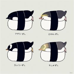 Rule 34 | adelie penguin, ayu (mog), bird, emperor penguin, food, food focus, from side, gentoo penguin, grey background, no humans, original, penguin, royal penguin, simple background, sushi, translated, yellow-eyed penguin