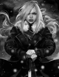 Rule 34 | 1girl, belt, belt buckle, blonde hair, buckle, coat, commentary, cowboy shot, eyebrows, eyelashes, floating clothes, floating hair, fullmetal alchemist, fur trim, gloves, greyscale, hair over one eye, hand on hand, hands on hilt, highres, lips, long hair, looking at viewer, miawrly, military, military uniform, monochrome, nose, olivier mira armstrong, one eye covered, planted sword, planted, serious, snow, snowing, solo, sword, uniform, upper body, weapon, white gloves, winter clothes