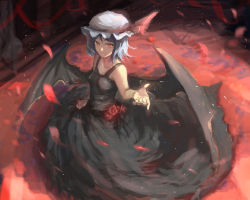 Rule 34 | 1girl, bare arms, black dress, blue hair, breasts, dress, flower, hat, long dress, looking at viewer, outstretched hand, petals, red eyes, remilia scarlet, rose, short hair, sishenfan, small breasts, smile, solo, touhou, wings