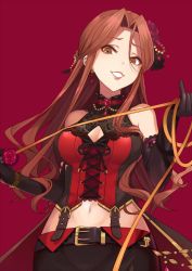 Rule 34 | 1girl, belt, black gloves, breasts, brown eyes, cleavage, cleavage cutout, clothing cutout, collarbone, cowboy shot, elbow gloves, gloves, haikimono shounen, idolmaster, idolmaster cinderella girls, long hair, looking at viewer, medium breasts, midriff, navel, red background, simple background, smile, solo, upper body, whip, zaizen tokiko
