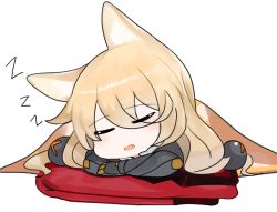 Rule 34 | 1girl, animal ears, bad id, bad pixiv id, blanket, blush, chibi, closed eyes, dokomon, facing viewer, fang, g41 (girls&#039; frontline), girls&#039; frontline, hair between eyes, hair ornament, highres, long hair, open mouth, simple background, sleeping, solo, white background, zzz
