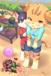 Rule 34 | 2boys, animal ear fluff, animal ears, animal print, artist name, balloon, barefoot, blue shirt, blue shorts, broken, brown shorts, bush, cat boy, cat ears, child, commentary request, dirt, fish print, hiding, hiding behind another, highres, male focus, multiple boys, on ground, open mouth, original, outdoors, piporinton, plant, potted plant, red shirt, shirt, shorts, striped, tail, tiger boy, whale print, whiskers, worried, yellow eyes