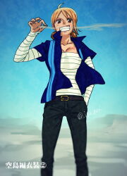 Rule 34 | 1girl, bandages, belt, black pants, blood, blood on face, blue background, blue shirt, cigarette, commentary request, cosplay, cowboy shot, hand in pocket, holding, holding cigarette, kuri (pienu), looking at viewer, nami (one piece), one piece, orange hair, pants, sanji (one piece), sanji (one piece) (cosplay), shirt, short hair, smile, solo
