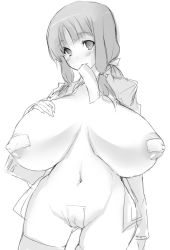 Rule 34 | 1girl, breasts, breasts apart, cameltoe, covered erect nipples, curvy, goban, greyscale, huge breasts, long hair, looking at viewer, maebari, monochrome, mouth hold, nipples, nude, original, pasties, puffy nipples, simple background, solo, thighhighs, white background