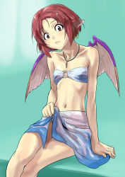 Rule 34 | 1girl, alternate hairstyle, animal ears, bad id, bad pixiv id, bandeau, bare shoulders, bikini, bob cut, brown eyes, clothes lift, collarbone, earrings, face, female focus, flat chest, hair ornament, hairclip, highres, jewelry, mystia lorelei, navel, necklace, o-ring, o-ring bikini, o-ring top, pendant, pink hair, red hair, sarong, sarong lift, shiba itsuki, short hair, single earring, sitting, skinny, skirt, skirt lift, slender, solo, staring, swimsuit, touhou, wide-eyed, wings