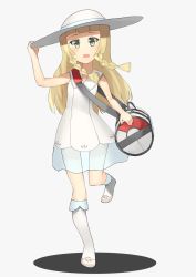 Rule 34 | 10s, 1girl, akmzk, bag, blonde hair, blush, braid, breasts, creatures (company), dress, female focus, full body, game freak, green eyes, grey background, hand up, hat, kneehighs, lillie (pokemon), long hair, looking at viewer, nintendo, open mouth, pokemon, pokemon sm, see-through, shadow, shoes, simple background, sleeveless, sleeveless dress, small breasts, socks, solo, standing, standing on one leg, twin braids, white dress, white footwear, white hat, wind