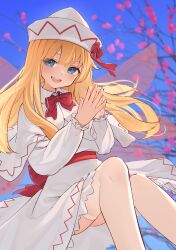 Rule 34 | 1girl, blonde hair, blue eyes, blush, capelet, dress, fairy, fairy wings, feet out of frame, hair between eyes, hat, highres, kanpa (campagne 9), lily white, long hair, long sleeves, open mouth, outdoors, smile, solo, thighhighs, touhou, white capelet, white dress, white hat, white thighhighs, wings