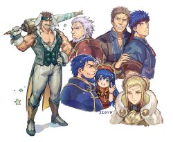 Rule 34 | 2girls, 5boys, animal ears, bara, bare arms, beard, beckoning, biceps, character request, clover, ears down, easter, facial hair, fire emblem, full body, gloves, green headband, grin, hand on another&#039;s arm, headband, highres, ike (fire emblem), large pectorals, light blush, light purple hair, looking at viewer, mature male, multiple boys, multiple girls, muscular, muscular male, mustache, nintendo, official alternate costume, old, old man, over shoulder, partially unbuttoned, pectoral cleavage, pectorals, polearm, rabbit ears, sdz (inazuma), shirt, short hair, sideburns, sleeveless, sleeveless shirt, smile, sparkle, spear, standing, thick eyebrows, thick mustache, thighs, torn clothes, torn shirt, vest, waving, weapon, weapon over shoulder, wrinkled skin, yaoi