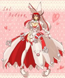 Rule 34 | 1girl, ahoge, arc system works, artist request, blush, breasts, bridal veil, brown hair, character name, cleavage, clover, cosplay, dress, earrings, elphelt valentine, elphelt valentine (cosplay), four-leaf clover, garter straps, genderswap, genderswap (mtf), gloves, guilty gear, guilty gear xrd, headband, heart, highres, jewelry, large breasts, long sleeves, looking at viewer, parted lips, red eyes, ribbon, shiny skin, short hair, sol badguy, solo, spikes, thighhighs, veil, wedding dress, white dress