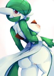 Rule 34 | 1girl, absurdres, arched back, ashraely, ass, back, bad id, bad pixiv id, blush, bob cut, breasts, cleft of venus, closed mouth, colored skin, creatures (company), expressionless, female focus, from behind, game freak, gardevoir, gen 3 pokemon, green hair, green skin, hair over one eye, highres, large areolae, large breasts, looking at viewer, looking back, multicolored skin, nintendo, nipples, pokemon, pokemon (creature), pussy, red eyes, shiny skin, short hair, simple background, solo, standing, two-tone skin, uncensored, white background, white skin