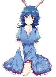 Rule 34 | 1girl, animal ears, blue dress, blue hair, breasts, bruise, collarbone, commentary request, crescent print, dress, frills, hair between eyes, highres, injury, long hair, looking at viewer, low twintails, puffy short sleeves, puffy sleeves, rabbit ears, red eyes, seiran (touhou), seiza, short sleeves, simple background, sitting, small breasts, smile, solo, star (symbol), star print, thighs, touhou, twintails, uranaishi (miraura), white background