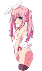 Rule 34 | 1girl, aged down, animal ears, ass, bare shoulders, blue eyes, bow, bowtie, brown thighhighs, bunny day, chiyoda momo, detached collar, fake animal ears, fake tail, flat chest, hair ornament, hairclip, highres, leotard, long hair, looking at viewer, machikado mazoku, mel (melty pot), open mouth, pink bow, pink bowtie, pink hair, playboy bunny, rabbit ears, rabbit tail, simple background, solo, tail, thighhighs, twintails, white background, white leotard