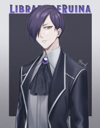 Rule 34 | 1boy, ascot, black ascot, black jacket, brooch, character name, closed mouth, collared shirt, commentary, copyright name, frown, hair over one eye, highres, jacket, jewelry, library of ruina, long sleeves, male focus, open clothes, open jacket, project moon, purple brooch, purple hair, shirt, short hair, tutu u9, upper body, white shirt, yellow eyes, yesod (project moon)