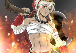 Rule 34 | 1girl, abs, axe, bandages, biceps, dark skin, dark-skinned female, facial mark, female focus, fire, fire emblem, fire emblem fates, hair ornament, hayame (m ayame), image sample, jewelry, multicolored hair, muscular, muscular female, necklace, nintendo, red eyes, red hair, rinkah (fire emblem), sarashi, solo, toned, two-tone hair, weapon, white hair