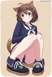Rule 34 | 1girl, absurdres, ahoge, animal ears, artist name, ass, blue one-piece swimsuit, blush, brave witches, breasts, brown background, brown eyes, brown hair, closed mouth, collarbone, crotch, dress, hair ornament, hairclip, highres, hiroshi (hunter-of-kct), karibuchi hikari, looking at viewer, one-piece swimsuit, sailor dress, short hair, signature, simple background, small breasts, smile, solo, squirrel ears, squirrel tail, swimsuit, tail, world witches series