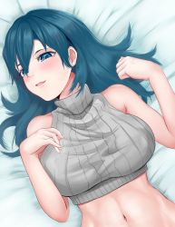 Rule 34 | 1girl, :d, absurdres, armpit crease, bare shoulders, bed sheet, blue eyes, blue hair, blush, breasts, byleth (female) (fire emblem), byleth (fire emblem), commentary request, covered erect nipples, crop top, dutch angle, eyebrows hidden by hair, fire emblem, fire emblem: three houses, grey shirt, hair between eyes, highres, large breasts, looking at viewer, medium hair, midriff, navel, nintendo, on bed, open mouth, revision, ribbed shirt, shiraga moyashi, shirt, sidelocks, sleeveless, sleeveless turtleneck, smile, solo, taut clothes, taut shirt, turtleneck, upper body