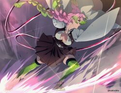 Rule 34 | 1girl, arms up, attack, belt, black jacket, black skirt, braid, breasts, cleavage, commentary, dalc rose, demon slayer uniform, floating clothes, floating hair, full body, green eyes, green hair, green thighhighs, haori, highres, jacket, japanese clothes, kanroji mitsuri, kimetsu no yaiba, large breasts, long hair, long sleeves, looking away, miniskirt, mole, mole under eye, multicolored hair, outstretched arms, pink hair, pleated skirt, profile, ribbed thighhighs, shirt, skirt, skirt set, slashing, solo, standing, thighhighs, tri braids, tri tails, twitter username, two-tone hair, unbuttoned, unbuttoned shirt, unsheathed, very long hair, visible air, waraji, weapon, whip sword, white jacket, white shirt, wind, zettai ryouiki