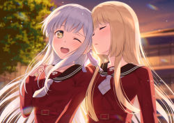 Rule 34 | 2girls, arm around shoulder, arm on another&#039;s shoulder, assault lily, blonde hair, blurry, blurry background, blush, breasts, collarbone, commentary, evening, closed eyes, hand on another&#039;s shoulder, hand up, highres, kon kanaho, leaf, lens flare, light blush, long hair, miyagawa takane, multiple girls, necktie, nuenue, one eye closed, open mouth, outdoors, pagoda, parted lips, school uniform, silver hair, small breasts, smile, sunlight, sunset, teeth, tree, upper body, upper teeth only, yellow eyes, yuri, yurigaoka girls academy school uniform