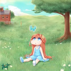 Rule 34 | 1girl, artist name, bare shoulders, blue dress, blue eyes, blue footwear, blue sky, blush, braid, brown hair, bug, bush, butterfly, child, cloud, day, dress, female focus, fence, flat chest, flower, full body, grass, hair flower, hair ornament, house, insect, jewelry, kionant, long hair, looking up, necklace, open mouth, original, outdoors, shoes, sign, signature, sitting, sky, sleeveless, sleeveless dress, solo, tree, very long hair, white flower, yellow flower