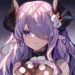 Rule 34 | 1girl, absurdres, bare shoulders, blue eyes, braid, breasts, closed mouth, crown braid, gradient eyes, granblue fantasy, hair ornament, hair over one eye, highres, horns, large breasts, long hair, looking at viewer, multicolored eyes, narmaya (granblue fantasy), pointy ears, purple eyes, purple hair, shanguier, sleeveless, solo, turtleneck, upper body, wavy mouth