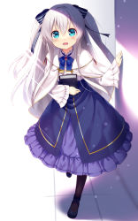 Rule 34 | 1girl, :d, black bow, black footwear, black pantyhose, blue bow, blue eyes, blush, book, bow, capelet, celia claire, commentary request, frilled skirt, frills, full body, grey hair, hair bow, long hair, long sleeves, looking at viewer, open mouth, pantyhose, purple skirt, seirei gensouki, shirt, shoes, skirt, sleeves past wrists, smile, solo, standing, standing on one leg, striped, striped bow, two side up, usume shirou, very long hair, white capelet, white shirt, wide sleeves
