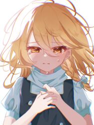 Rule 34 | 1girl, black vest, blonde hair, bow, braid, commentary request, crying, crying with eyes open, hair between eyes, hair bow, hands on own chest, highres, kirisame marisa, medium hair, puckered lips, puffy short sleeves, puffy sleeves, shirt, short sleeves, side braid, simple background, single braid, solo, tears, toufuoishiiiiii, touhou, turtleneck, upper body, vest, white background, white bow, white shirt