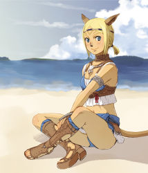 Rule 34 | 00s, animal ears, beach, blonde hair, blue eyes, blush, boots, cat ears, cat tail, cloud, epistle, final fantasy, final fantasy xi, jewelry, mithra (ff11), necklace, short hair, sitting, sky, tail, water