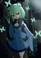 Rule 34 | 1girl, :d, absurdres, animal, blue bow, blue dress, blue sleeves, blush, book, bow, bug, butterfly, commentary request, detached sleeves, double bun, dress, feet out of frame, green hair, hair bow, hair bun, hair ornament, hand up, highres, holding, holding book, hololive, insect, jiu (sdesd3205), juliet sleeves, long hair, long sleeves, open book, open mouth, puffy sleeves, red eyes, skull hair ornament, sleeveless, sleeveless dress, sleeves past wrists, smile, solo, standing, standing on one leg, uruha rushia, uruha rushia (1st costume), virtual youtuber, wide sleeves