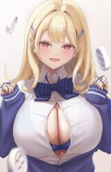 Rule 34 | 1girl, :d, belt pouch, blonde hair, blue bow, blue bowtie, blue jacket, blush, bow, bowtie, bra, breasts, brown eyes, claw ring, cleavage, collared shirt, flying button, goddess of victory: nikke, hair ornament, highres, jacket, jewelry, large breasts, long hair, mole, mole under eye, multiple rings, off-shoulder jacket, off shoulder, open mouth, partially unbuttoned, pencil skirt, pouch, puffy sleeves, ring, shirt, skirt, sleeves past wrists, smile, solo, strap, tachibana yuu (shika), tia (nikke), underwear, white shirt