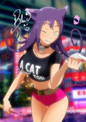 Rule 34 | 00s, 1girl, :3, :d, a cat is fine too, animal ears, artist name, belt, blair (soul eater), breasts, cat ears, cat girl, clothes writing, collar, english text, female focus, food, gairon, jpeg artifacts, large breasts, lipstick mark, long hair, looking at viewer, meme, midriff, one eye closed, open mouth, pocky, purple hair, short shorts, shorts, smile, solo, soul eater, wallpaper, watermark, wink, yellow eyes