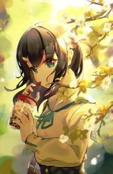 Rule 34 | 1girl, absurdres, bag, bendy straw, black hair, blue eyes, blue ribbon, blurry, blurry background, cup, depth of field, disposable cup, drinking straw, flower, grey skirt, highres, holding, holding cup, long hair, long sleeves, looking at viewer, neck ribbon, one side up, original, puffy long sleeves, puffy sleeves, ribbon, sailor collar, sasatabekung, school uniform, serafuku, shirt, shoulder bag, skirt, solo, branch, white flower, white sailor collar, white shirt