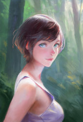 Rule 34 | 1girl, black hair, blue eyes, breasts, forest, from side, highres, lips, looking at viewer, medium breasts, nababa, nature, nose, original, outdoors, shirt, short hair, sleeveless, sleeveless shirt, smile, solo, swept bangs, tree, upper body, white shirt