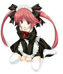 Rule 34 | 1girl, apron, arm support, between legs, black dress, black ribbon, dress, frilled apron, frills, from above, full body, hair ribbon, hand between legs, hayami yumi, homemaid, jpeg artifacts, long sleeves, looking at viewer, lowres, maid, maid apron, maid headdress, mary janes, onnanoko suwari, open mouth, purple eyes, red hair, ribbon, shoes, simple background, sitting, solo, thighhighs, twintails, waist apron, wariza, white background, white footwear, white thighhighs