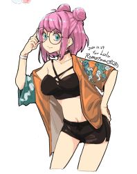Rule 34 | 1girl, aqua eyes, black shorts, borrowed character, breasts, choker, contrapposto, cropped legs, dated, double bun, earrings, ganc, glasses, hair bun, jewelry, looking at viewer, lulu (luulubuu), medium breasts, midriff, navel, open clothes, open shirt, original, pink hair, print shirt, shirt, short hair, shorts, simple background, solo, white background