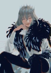 Rule 34 | 1boy, ^ ^, blue eyes, cape, closed eyes, collared shirt, crown, diamond hairband, fate/grand order, fate (series), fur-trimmed cape, fur trim, grey hair, highres, insect wings, long hair, long sleeves, male focus, oberon (fate), oberon (third ascension) (fate), shirt, solo, spoilers, taraba (mgo10000), wings