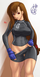 Rule 34 | 1990s (style), 1girl, bike shorts, black shirt, blouse, brown hair, clothes pull, final fantasy, final fantasy vii, fingerless gloves, gloves, long hair, low-tied long hair, midriff, muscular, pants, pants pull, pulling own clothes, raglan sleeves, red eyes, retro artstyle, shirt, shorts, shorts pull, skin tight, solo, taut clothes, taut shirt, tenji, thick thighs, thighs, tifa lockhart, very long hair