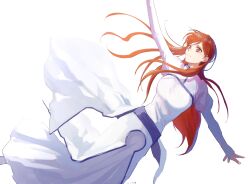 Rule 34 | 1girl, absurdres, bleach, brown eyes, brown hair, commentary, dress, english commentary, feet out of frame, hair ornament, hairpin, highres, inoue orihime, jou (jo jjo), juliet sleeves, long hair, long sleeves, puffy sleeves, solo, white background, white dress
