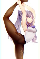Rule 34 | 1girl, armpits, arms up, black pantyhose, blurry, blush, breasts, chromatic aberration, commentary request, cone hair bun, contortion, dev (dev0614), embarrassed, flexible, foot out of frame, genshin impact, hair bun, hair ears, highres, keqing (genshin impact), leg up, legs, leotard, long hair, looking at viewer, medium breasts, pantyhose, purple eyes, purple hair, sidelocks, sleeveless, solo, thighs, twintails