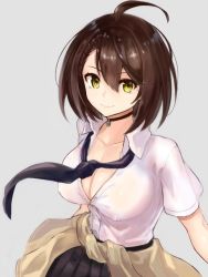 Rule 34 | 1girl, ahoge, azur lane, baltimore (after-school ace) (azur lane), baltimore (azur lane), black skirt, blush, braid, breasts, brown hair, choker, cleavage, closed mouth, clothes around waist, collarbone, collared shirt, dress shirt, edobox, hair between eyes, large breasts, looking at viewer, necktie, pleated skirt, school uniform, shirt, short hair, short sleeves, simple background, skirt, smile, solo, white background, white shirt, yellow eyes