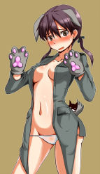 Rule 34 | 1girl, animal ears, animal hands, blush, brown eyes, brown hair, dog ears, dog tail, gertrud barkhorn, gloves, long hair, lowleg, lowleg panties, military, military uniform, navel, no bra, open clothes, open shirt, panties, paw gloves, shiny skin, shirt, solo, strike witches, tail, the-k, twintails, underwear, uniform, world witches series